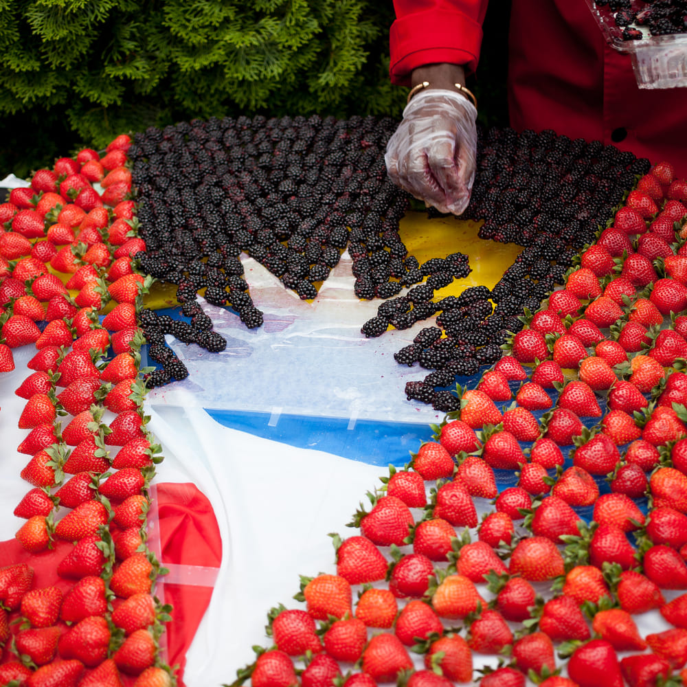 Chef Melvin Myers arranging strawberries and blackberries into the flag of Antigua and Barbuda, laid over the real flag.